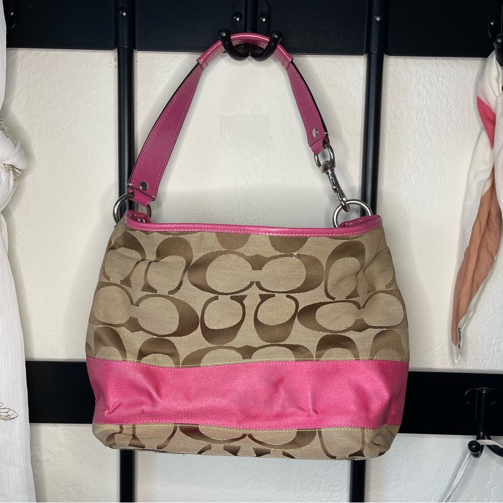 Tan and Pink C Pattern Coach Purse